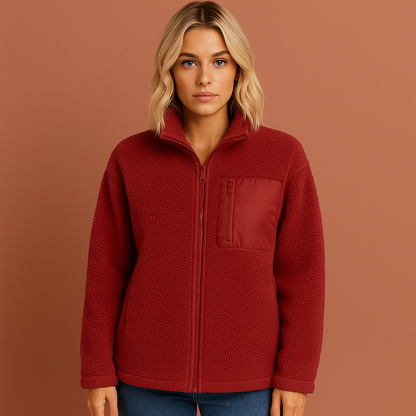 Dames teddy fleece jas in rood met rits, zacht en comfortabel voor koude herfst- en winterdagen.