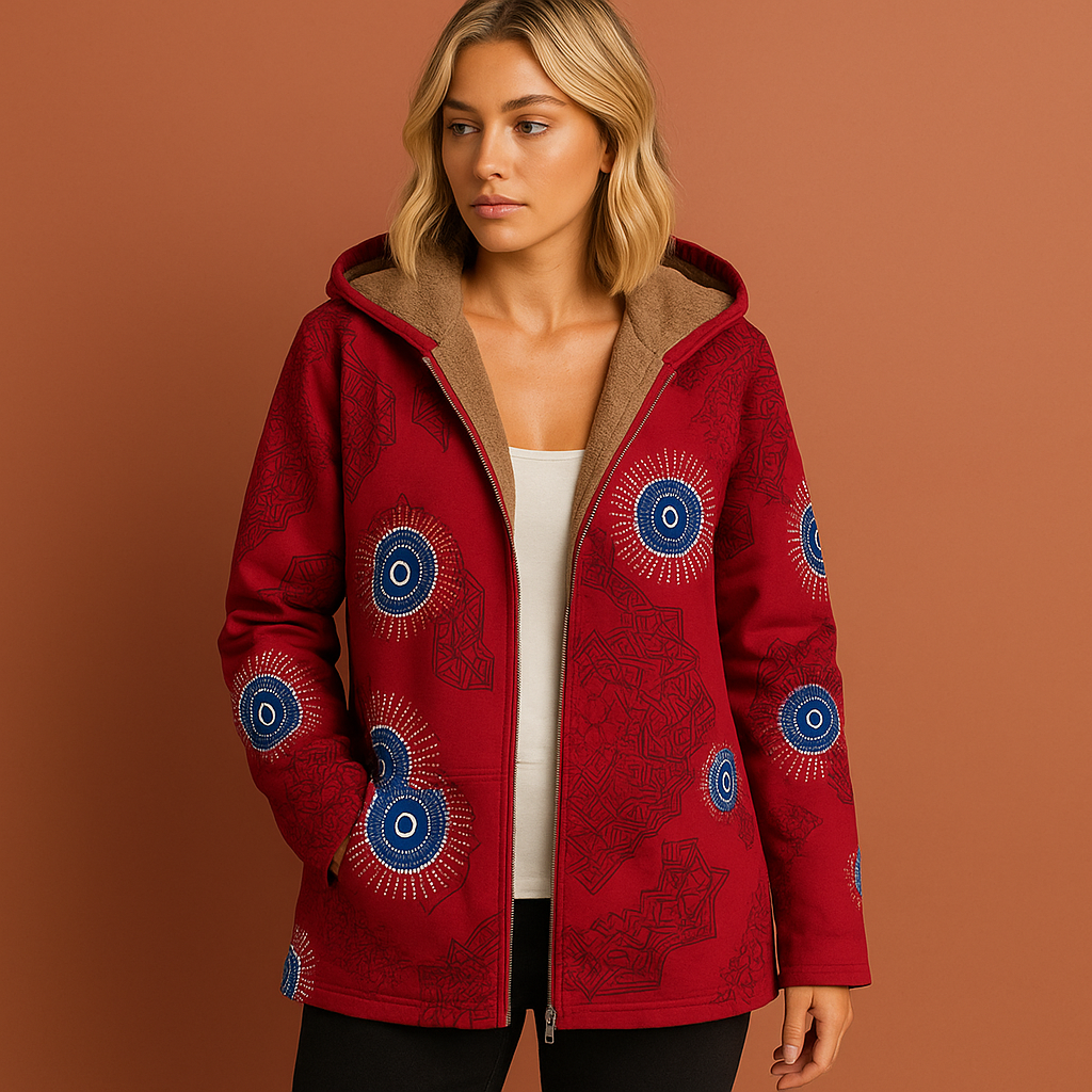 Dames tussenjas in rood met bloemenprint en zakken, zacht en comfortabel voor casual en stijlvolle outfits.