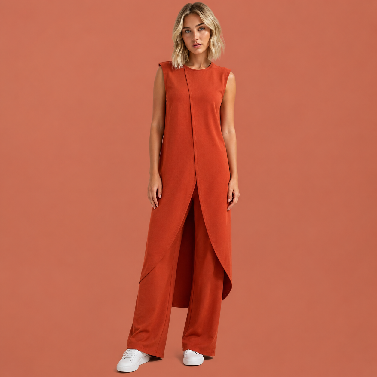 Dames tweedelige set in rood met minimalistisch design, zacht en comfortabel voor casual en stijlvolle outfits.