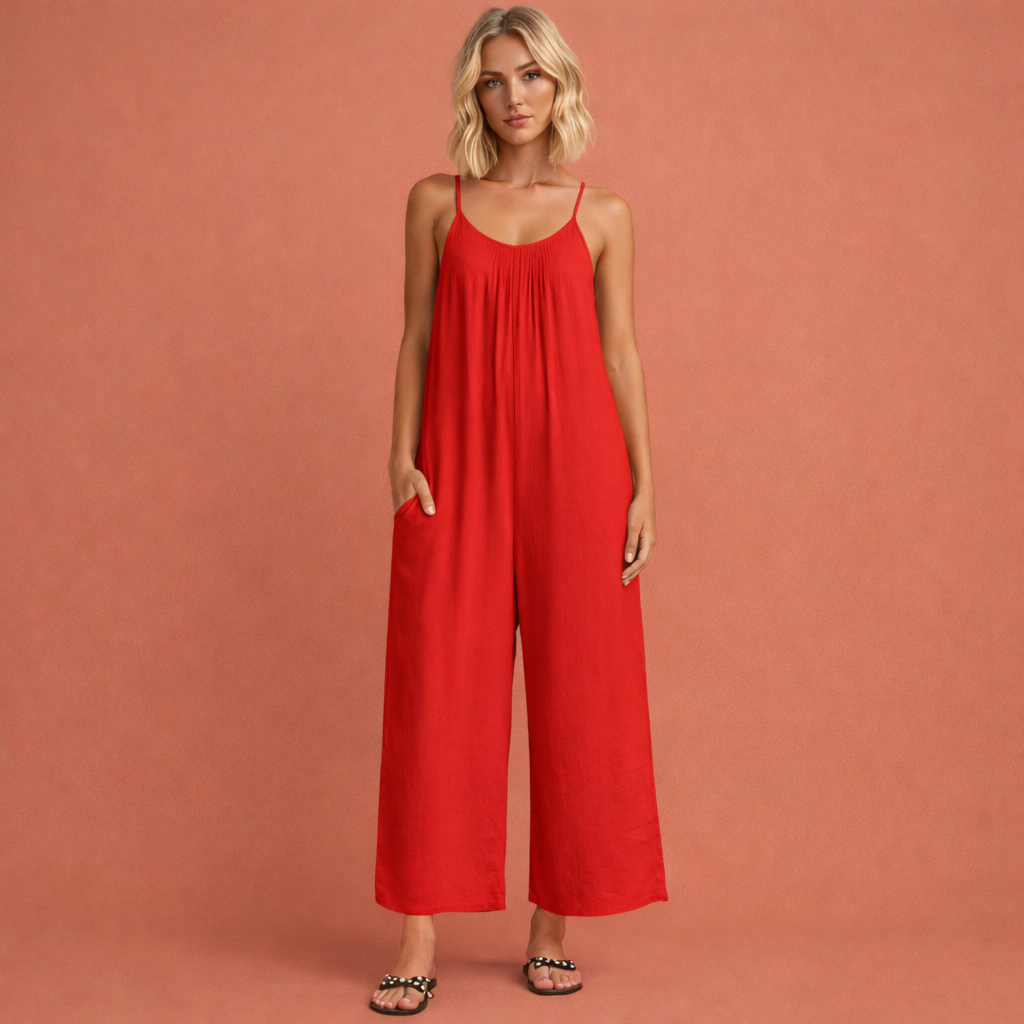 Rode elegante jumpsuit voor dames met een flatterende pasvorm, geschikt voor feestelijke en formele gelegenheden.