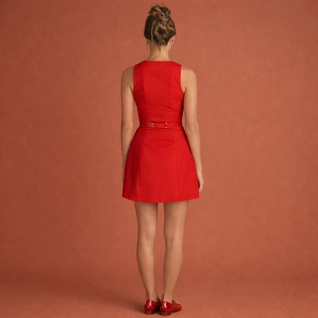 Rode elegante mouwloze minijurk voor dames, geschikt voor vrije tijd, vakantie en werk.1