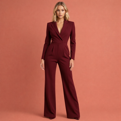 Rode elegante overslag jumpsuit voor dames met geaccentueerde taille, perfect voor feestelijke en formele gelegenheden.