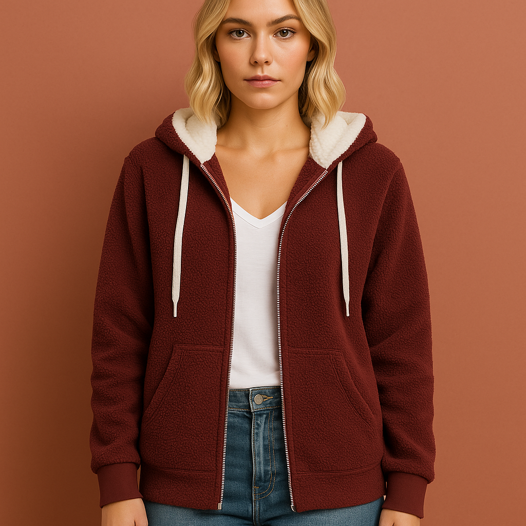 Extra warme teddy fleece zip hoodie voor dames in rode kleur, ideaal voor koude dagen en casual outfits.