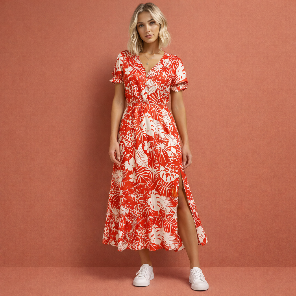Rode gebloemde zomerjurk voor dames met knoopjesrij en split, ideaal voor warme dagen en casual zomerse outfits.