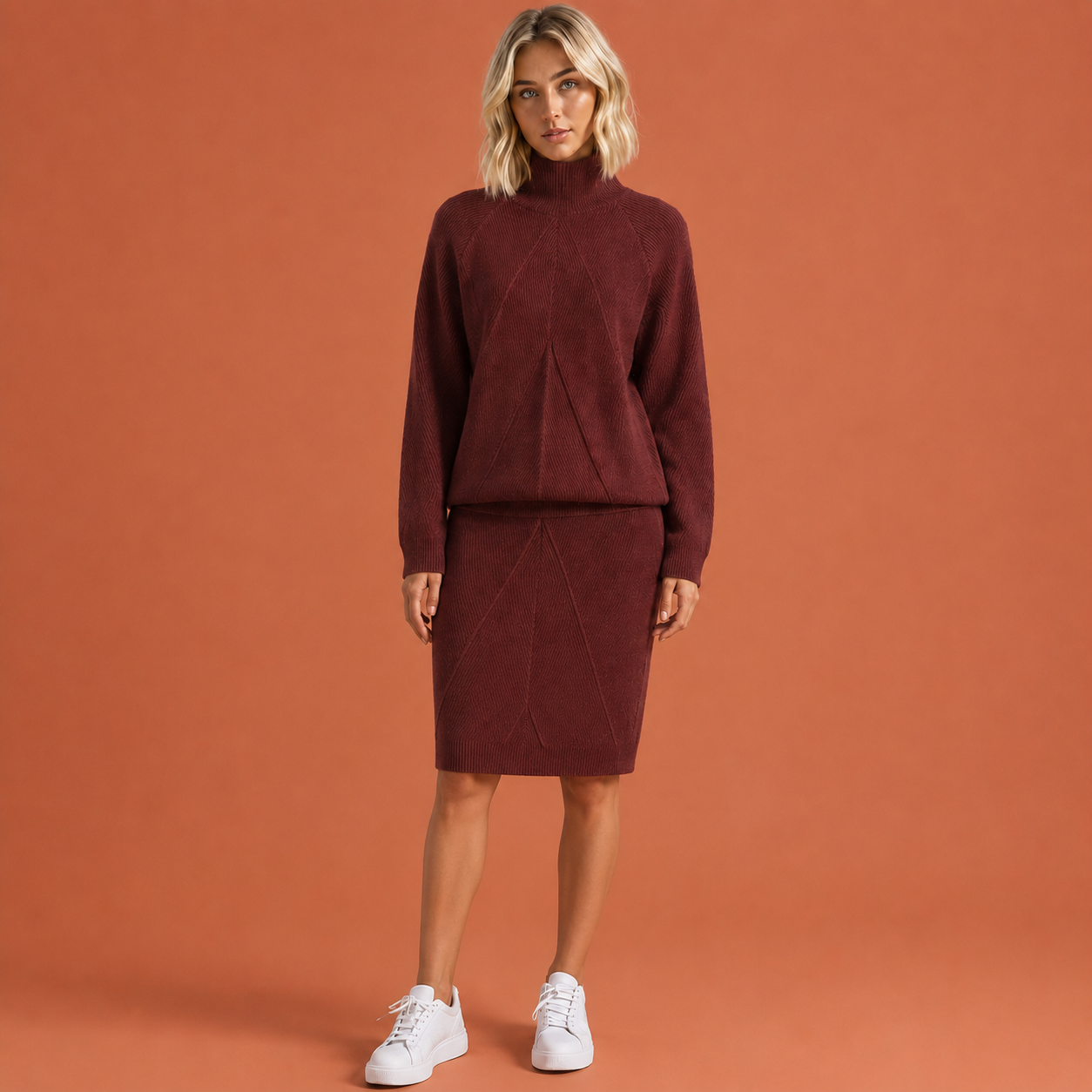Dames gebreide set in rood met minimalistisch design, zacht en comfortabel voor casual en stijlvolle outfits.