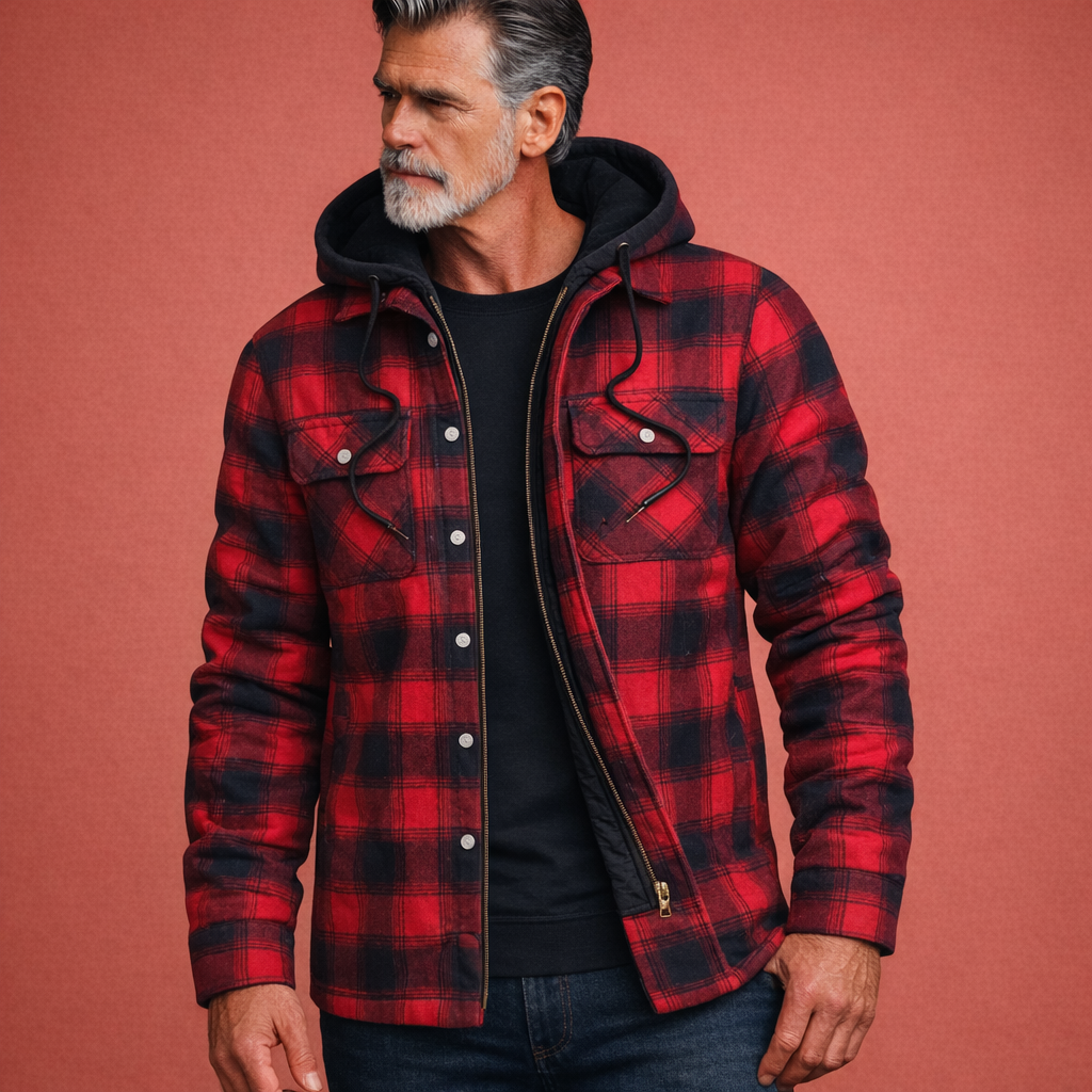 Rode geruite herenjas met capuchon en comfortabele pasvorm, geschikt voor dagelijks gebruik en casual outfits.