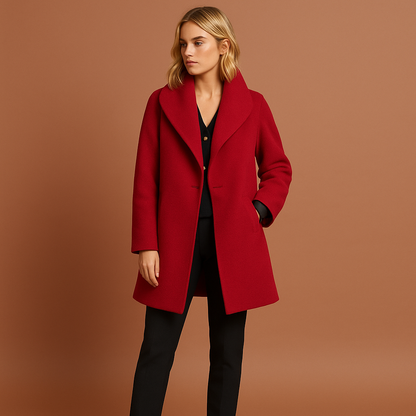 Rode halflange dames mantel met open kraag, geschikt voor dagelijks gebruik en nette outfits.