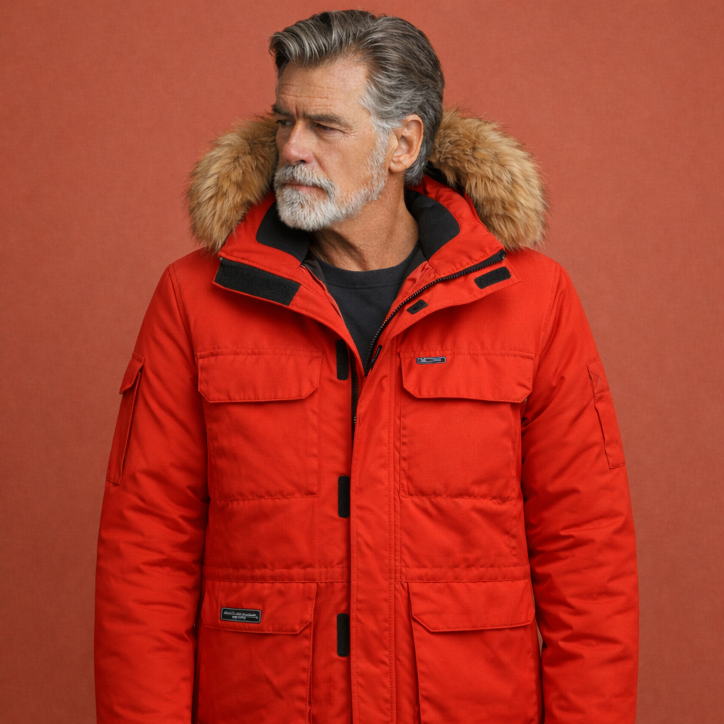 Rode heren parka met capuchon en ritssluiting, geschikt voor dagelijks gebruik tijdens koude dagen.