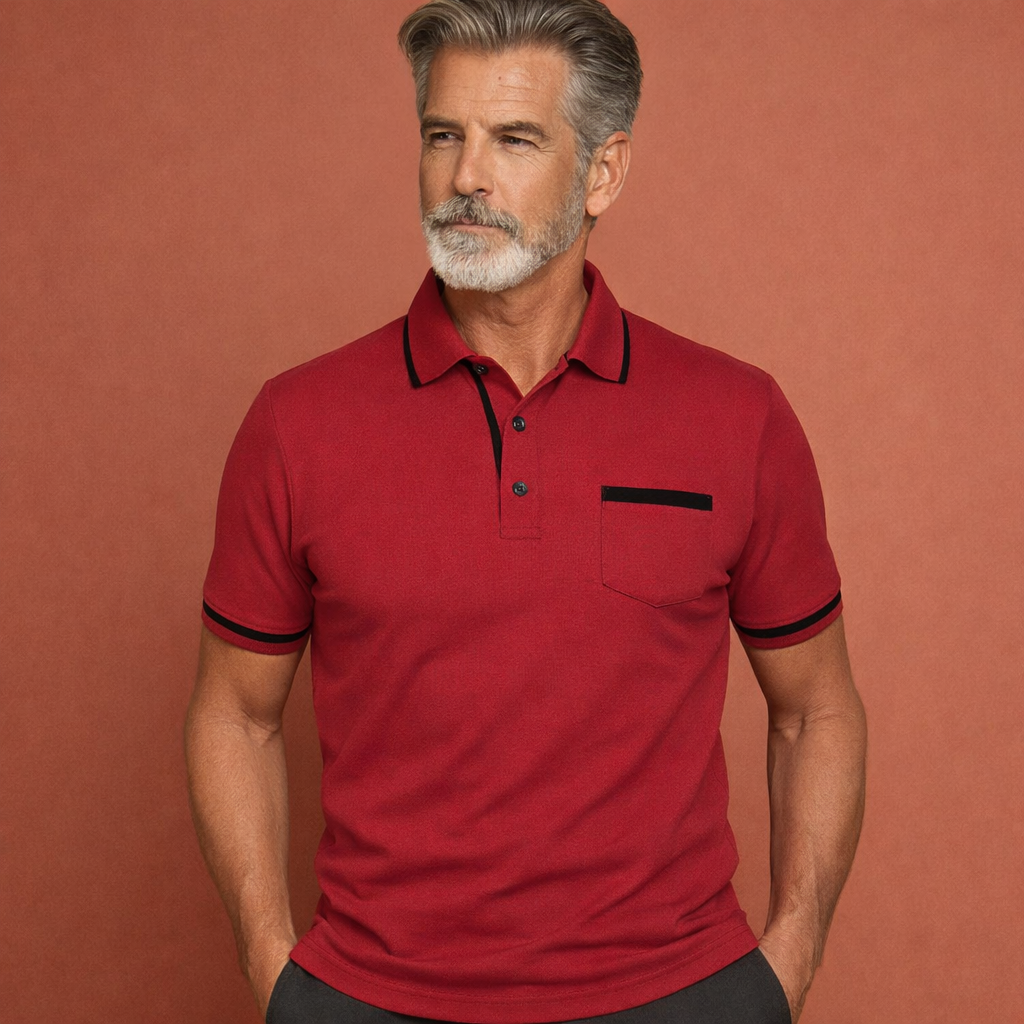 Heren polo shirt in rood met minimalistisch design, zacht en comfortabel voor casual en stijlvolle outfits.