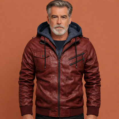 Rode herenjas met capuchon en meerdere zakken, geschikt voor dagelijks gebruik en comfortabele outdoor outfits.1