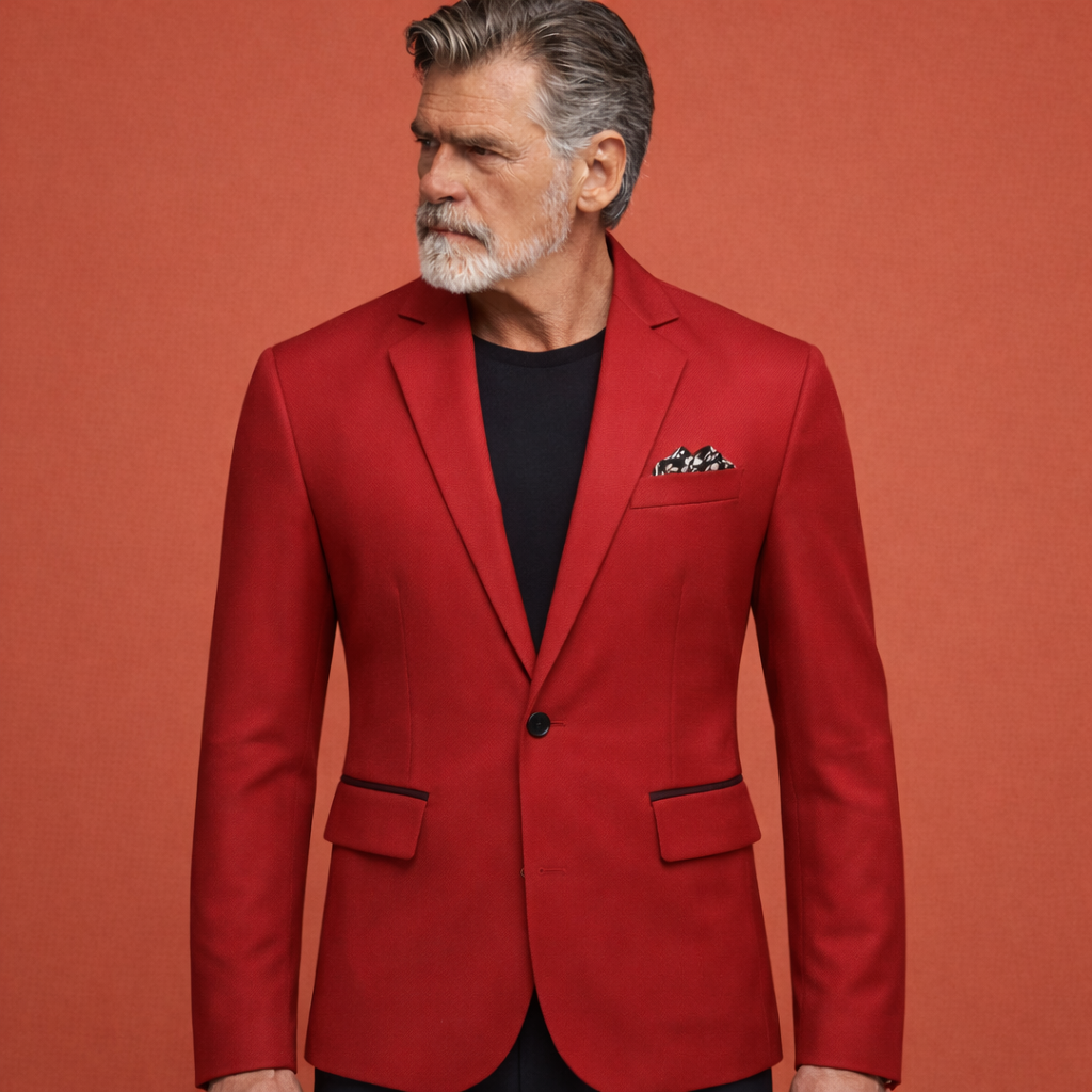 Rode herenjas met reverskraag en klepzakken, geschikt voor dagelijks gebruik en nette outfits.