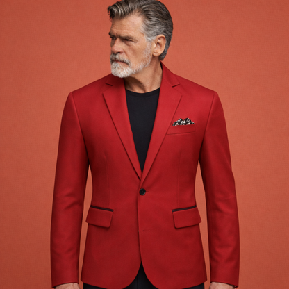 Rode herenjas met reverskraag en klepzakken, geschikt voor dagelijks gebruik en nette outfits.