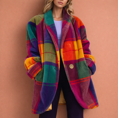 Rode kleurrijke damesmantel met revers en zakken, comfortabel en stijlvol voor dagelijks gebruik en koude dagen.