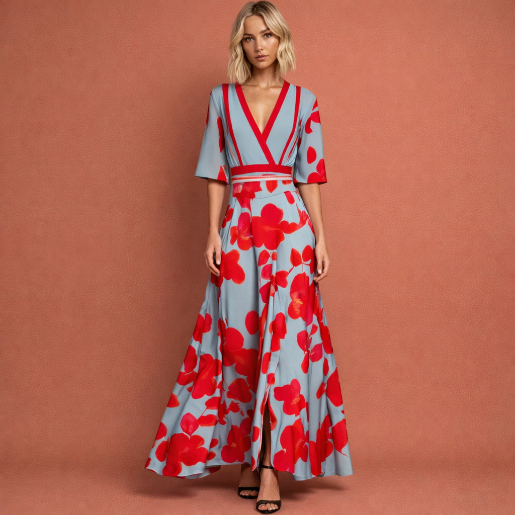 Rode lange damesjurk met bloemenprint en V-hals, perfect voor zomerse dagen en feestelijke gelegenheden.