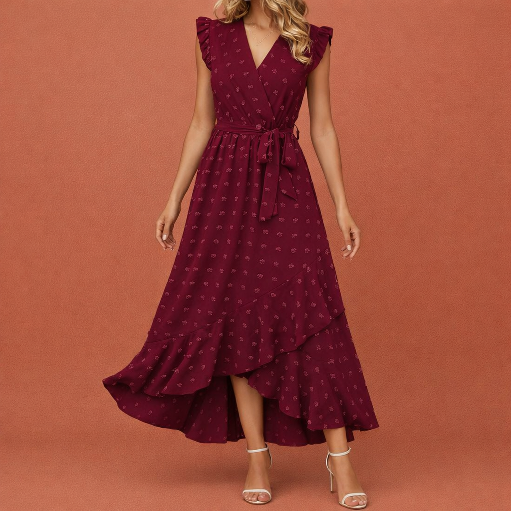 Dames maxi jurk in rood met minimalistisch design, zacht en comfortabel voor casual en stijlvolle outfits.
