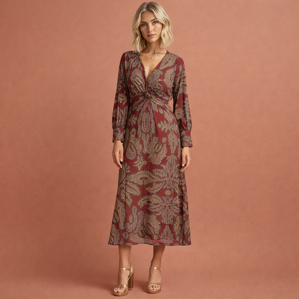 Rode midi-jurk voor dames met twist-detail en bloemmotief, ideaal voor feestelijke en stijlvolle gelegenheden.