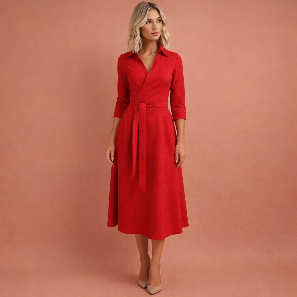 Rode midi-jurk voor dames met uitlopende pasvorm en reverskraag, ideaal voor werk en stijlvolle dagelijkse outfits.