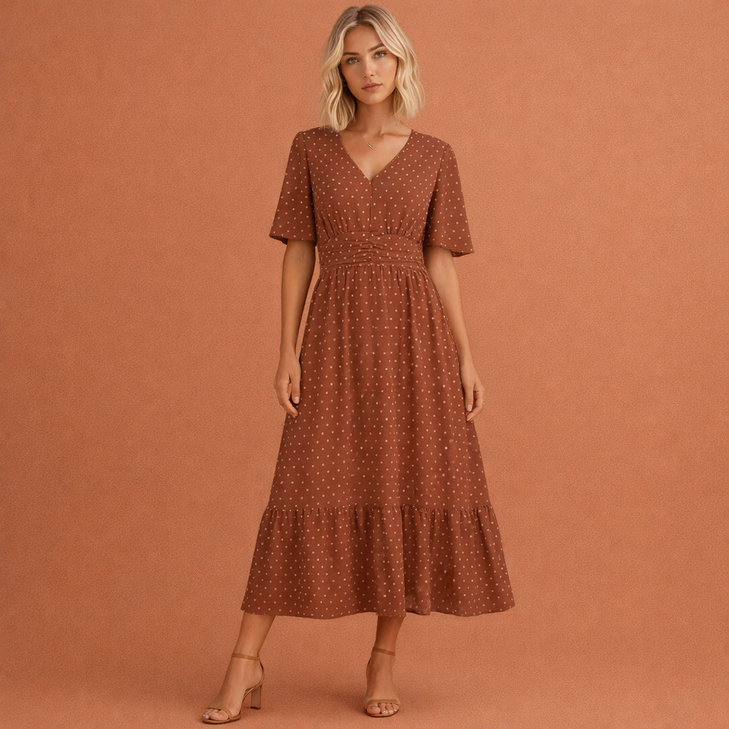 Rode midi-zomerjurk voor dames met V-hals en tailleaccentuering, ideaal voor zomerse dagen en casual gelegenheden.