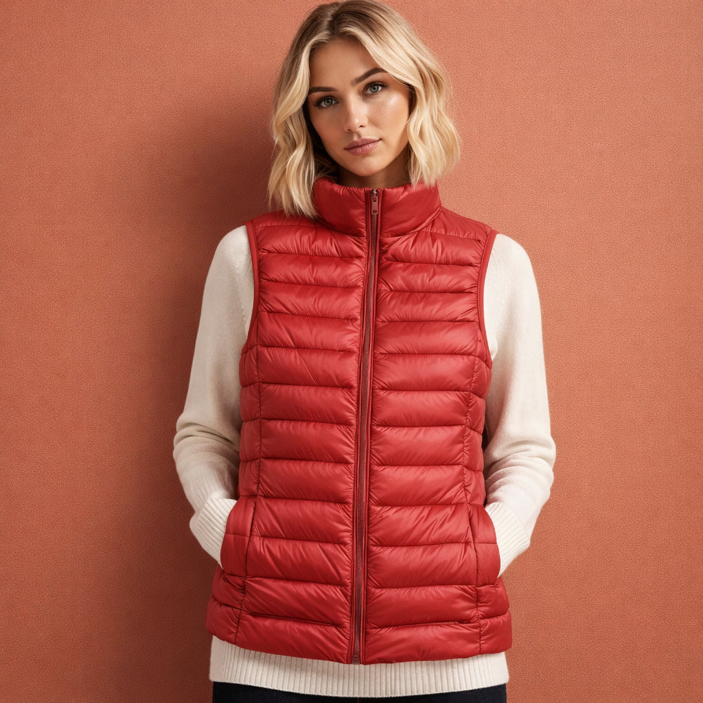Rode dames mouwloze bodywarmer met ritssluiting en comfortabele pasvorm, ideaal voor dagelijks gebruik en koude dagen.