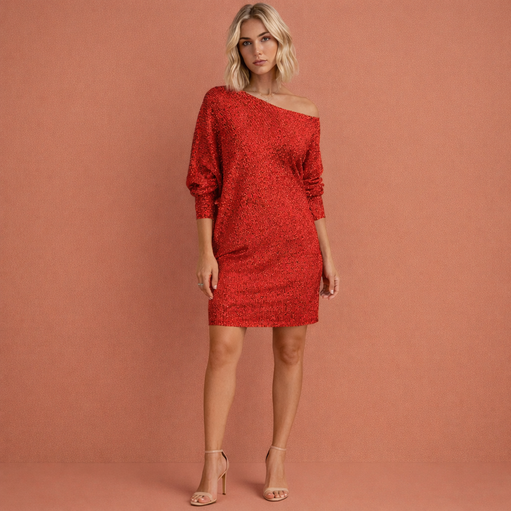 Rode off-shoulder mini jurk voor dames met glanzende uitstraling, ideaal voor feestelijke gelegenheden.