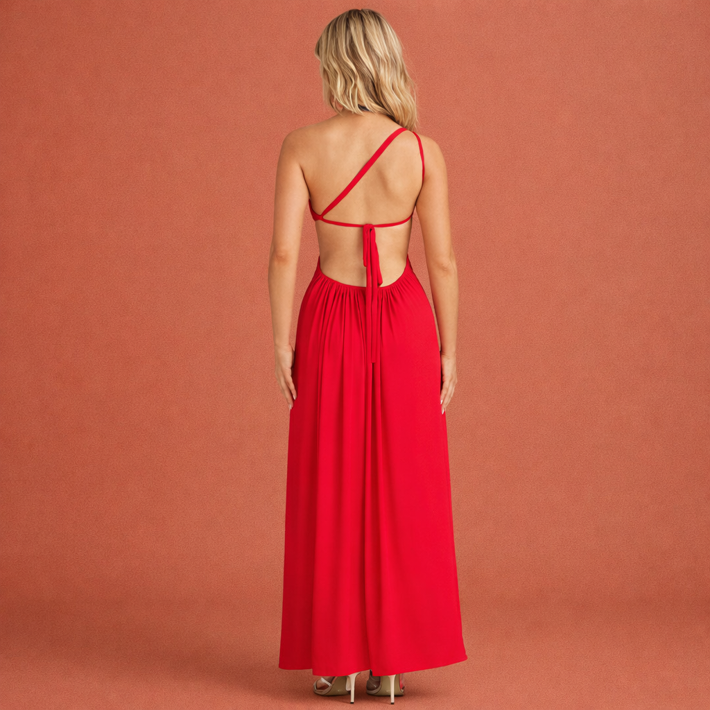 Rode one-shoulder avondjurk voor dames met elegante uitstraling, ideaal voor avondfeesten en speciale gelegenheden.1