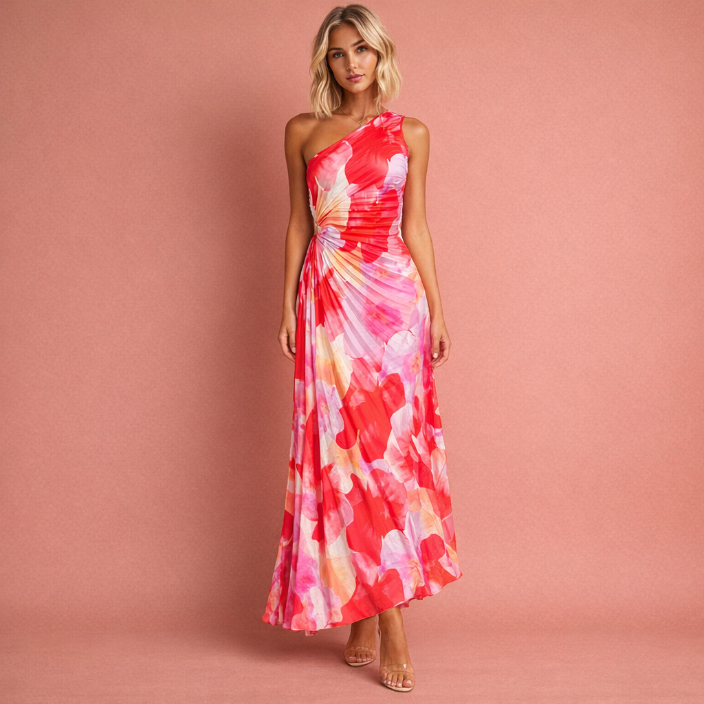 Rode one-shoulder bloemjurk voor dames met kleurrijk design, ideaal voor feestelijke en bijzondere gelegenheden.