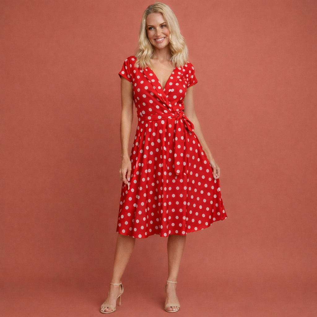 Dames polka dot jurk in rood met minimalistisch design, zacht en comfortabel voor casual en stijlvolle outfits.