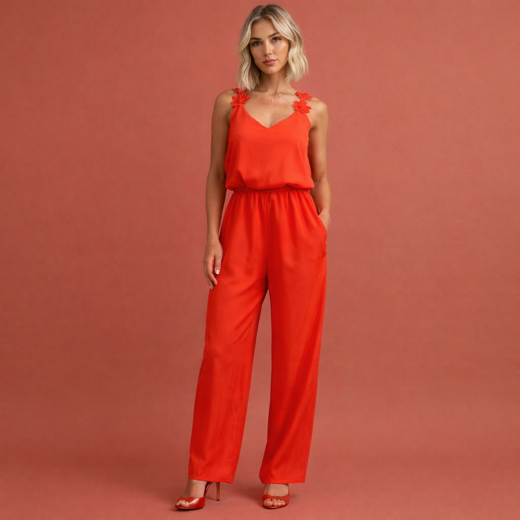 Rode stijlvolle dames jumpsuit met een flatterende pasvorm, ideaal voor feestelijke gelegenheden en een avond uit.