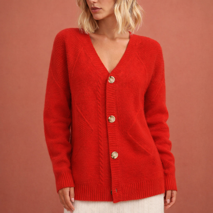 Rode warme gebreide cardigan voor dames met een comfortabele pasvorm, ideaal voor winterse outfits en dagelijks gebruik.