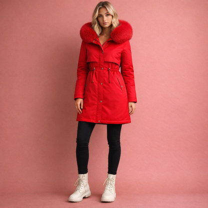 Rode warme dames mantel met capuchon en comfortabele pasvorm, ideaal voor dagelijks gebruik tijdens koude dagen.