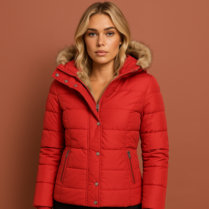 Rode winterjas voor dames met warme pluche voering en comfortabele pasvorm, ideaal voor koude winterdagen.