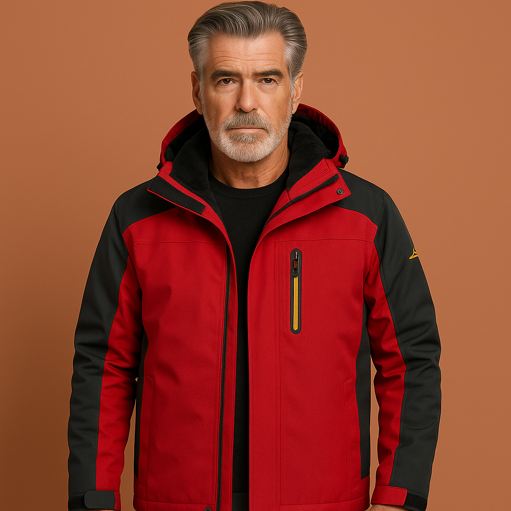 Rode heren outdoorjas met capuchon en waterdicht design, ideaal voor regenachtige dagen en buitenactiviteiten.