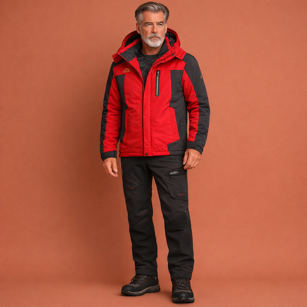 Rode waterdichte winterset voor heren met comfortabele pasvorm, geschikt voor outdoor en koude winterdagen.