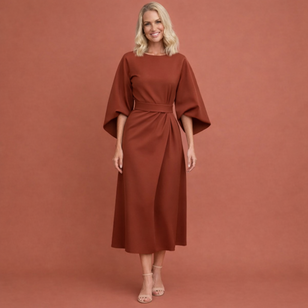Roestbruine midi-jurk met lantaarnmouwen en ceintuur voor dames, elegante jurk voor feest, diner of formele gelegenheid.