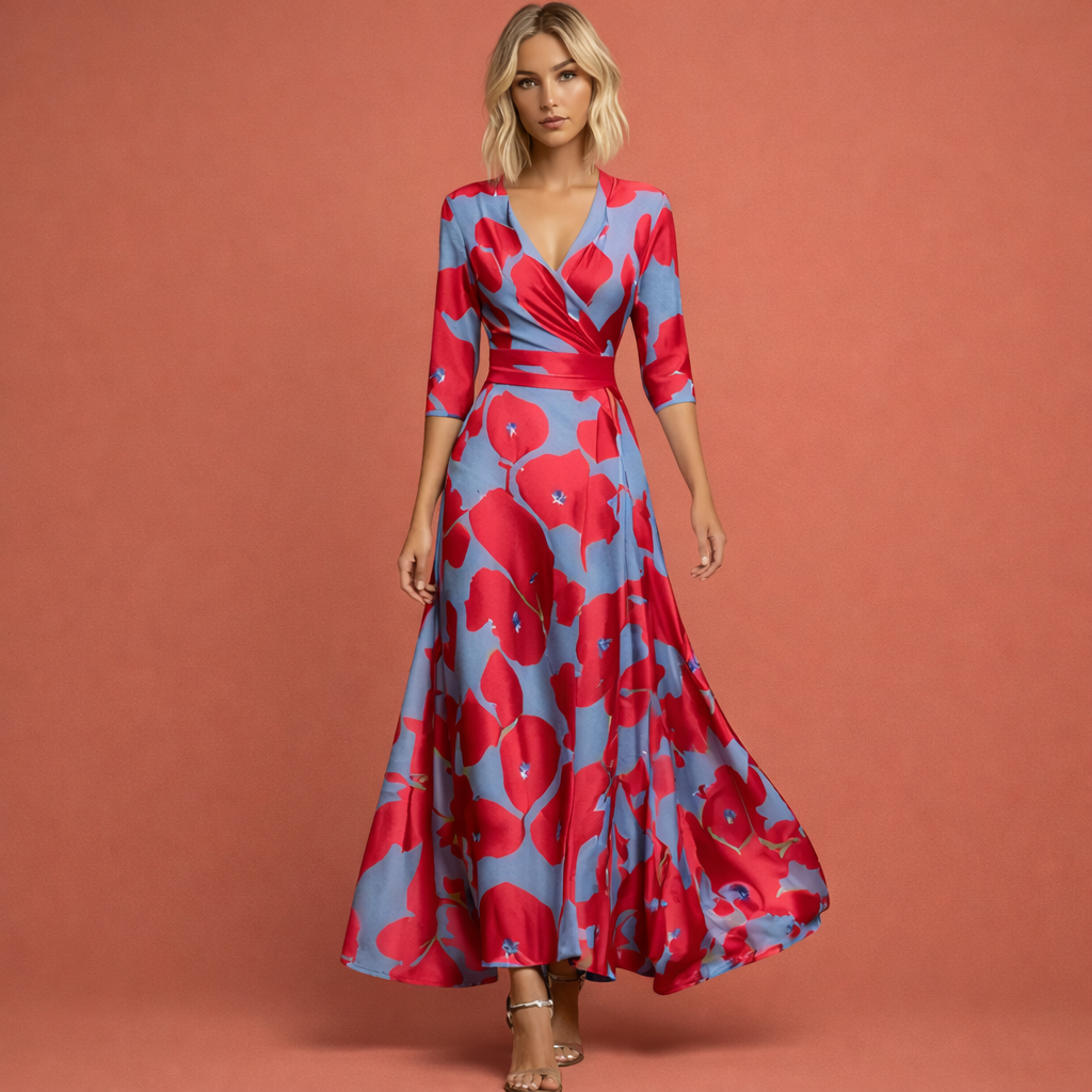 Rood-blauwe lange damesjurk met bloemenprint en V-hals, perfect voor zomerse dagen en feestelijke gelegenheden.