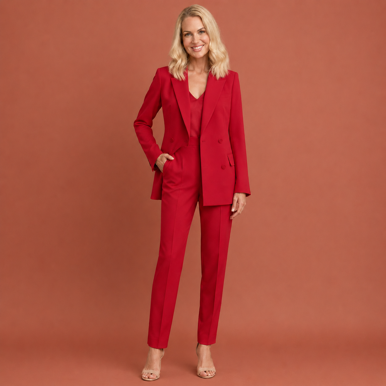 Dames broekpak in rood met minimalistisch design, zacht en comfortabel voor casual en stijlvolle outfits.