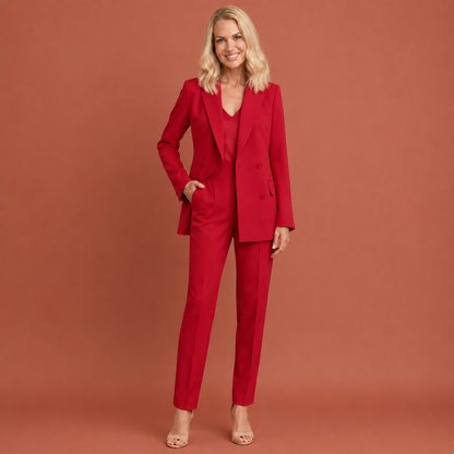 Dames broekpak in rood met minimalistisch design, zacht en comfortabel voor casual en stijlvolle outfits.