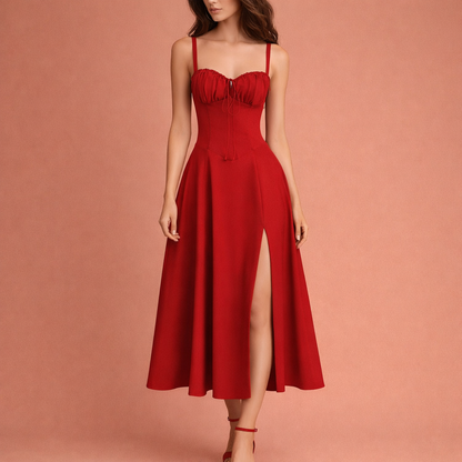 Dames midi jurk in rood met minimalistisch design, zacht en comfortabel voor casual en stijlvolle outfits.