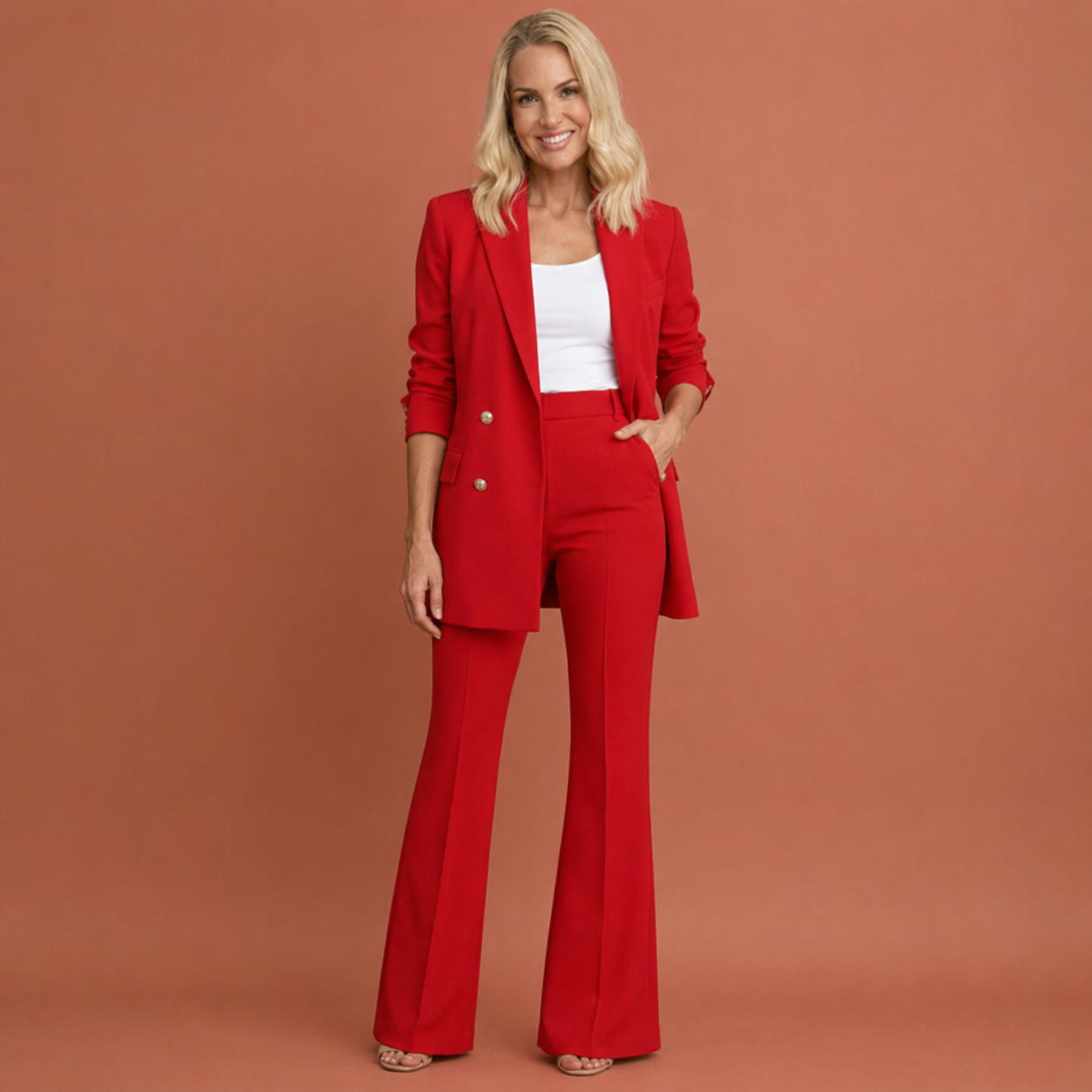 Dames damespak in rood met minimalistisch design, zacht en comfortabel voor casual en stijlvolle outfits.