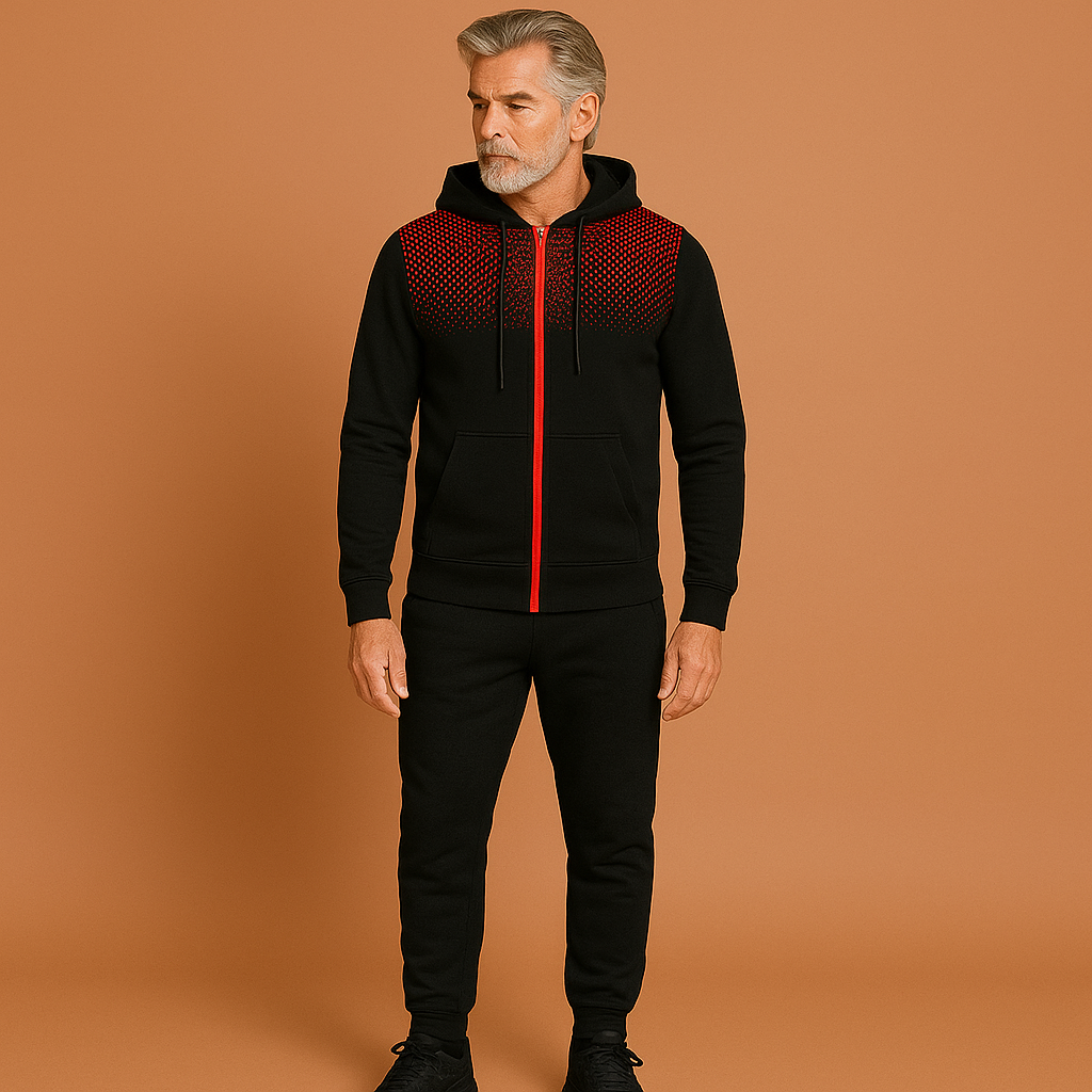 Heren trainingspak in rood met slim fit design, zacht en comfortabel voor sportieve en casual outfits.