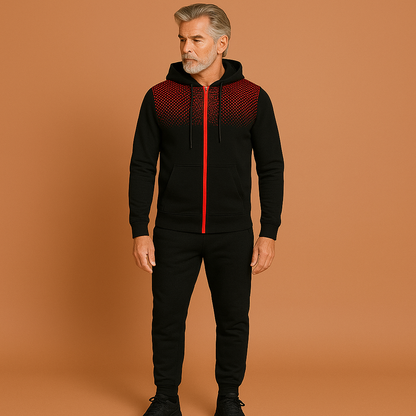Heren trainingspak in rood met slim fit design, zacht en comfortabel voor sportieve en casual outfits.