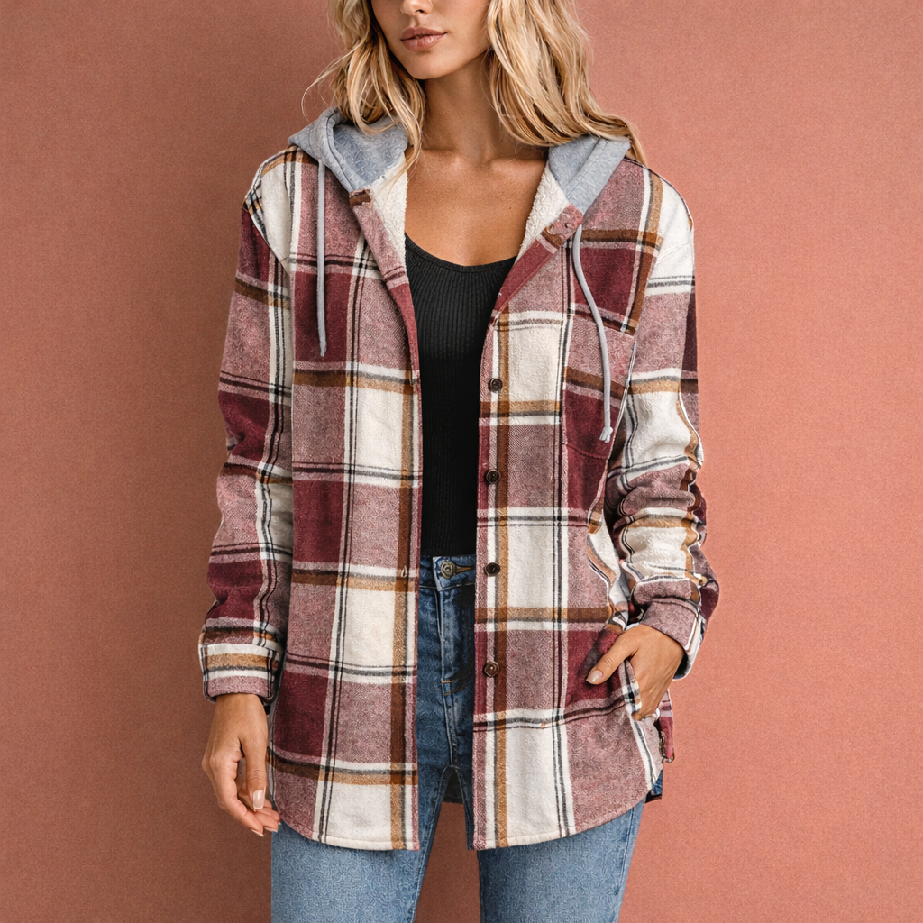 Rood overshirt voor dames met capuchon en knoopsluiting, comfortabel en ideaal voor casual dagelijks gebruik.1