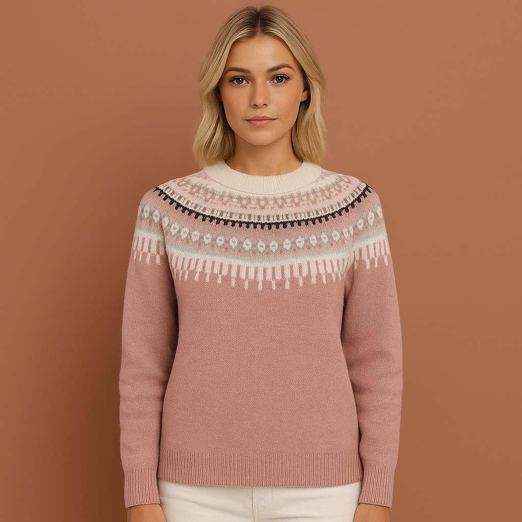 Damestrui in roze met Scandinavisch winterpatroon, warm en comfortabel voor stijlvolle winterlooks.