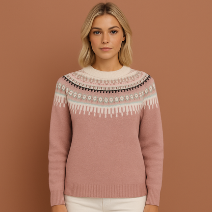 Damestrui in roze met Scandinavisch winterpatroon, warm en comfortabel voor stijlvolle winterlooks.