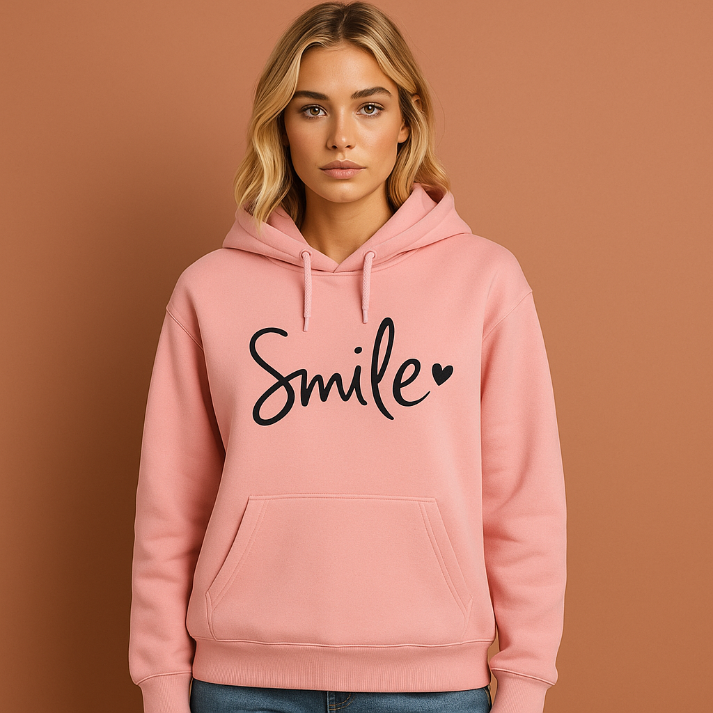 Smile-Love hoodie voor dames in roze met zachte pasvorm en vrolijk ontwerp voor dagelijks comfort.