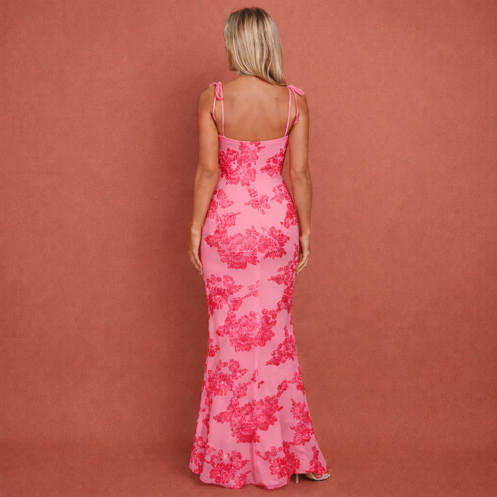 Roze bloemen maxi-jurk voor dames met elegante pasvorm en romantische uitstraling, perfect voor feestelijke gelegenheden.1
