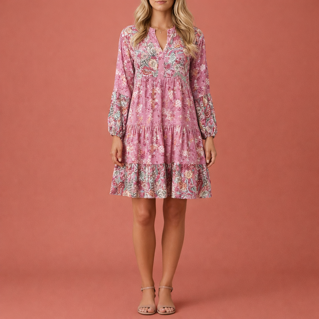 Dames midi jurk in roze met minimalistisch design, zacht en comfortabel voor casual en stijlvolle outfits.
