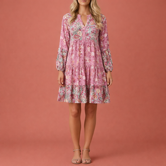 Dames midi jurk in roze met minimalistisch design, zacht en comfortabel voor casual en stijlvolle outfits.