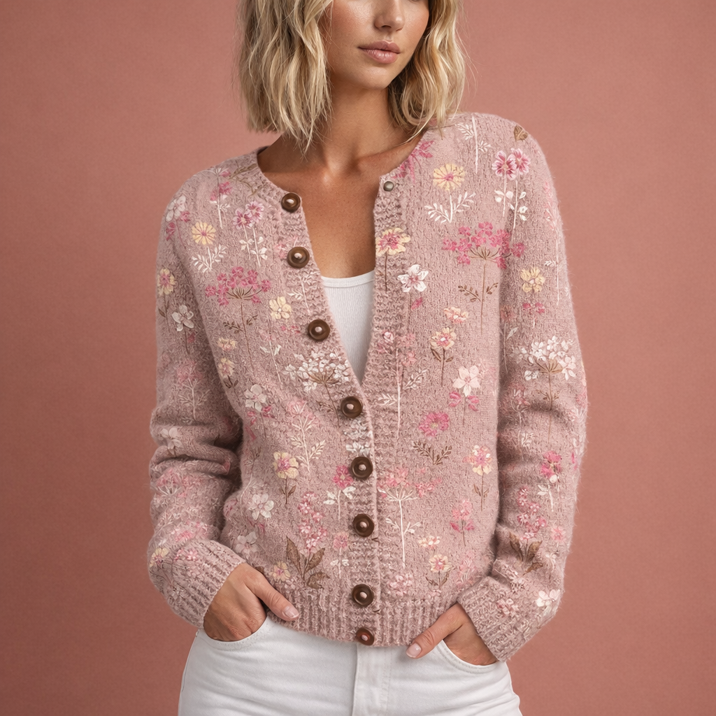 Roze chique dames cardigan met bloemmotief en comfortabele pasvorm, ideaal voor dagelijks gebruik en koude dagen.