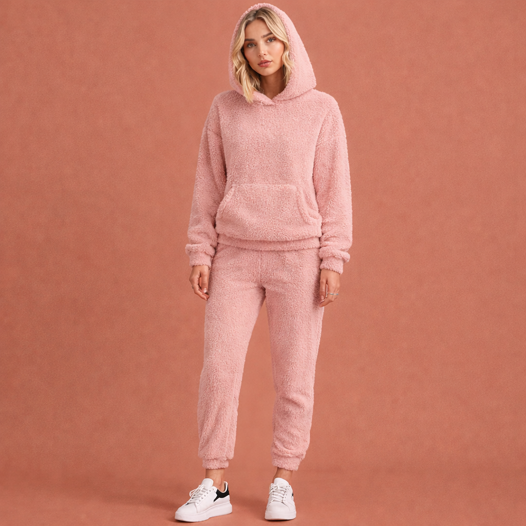 Roze comfortabele tweedelige set voor dames met capuchon en relaxte pasvorm, ideaal voor thuis en casual gebruik.